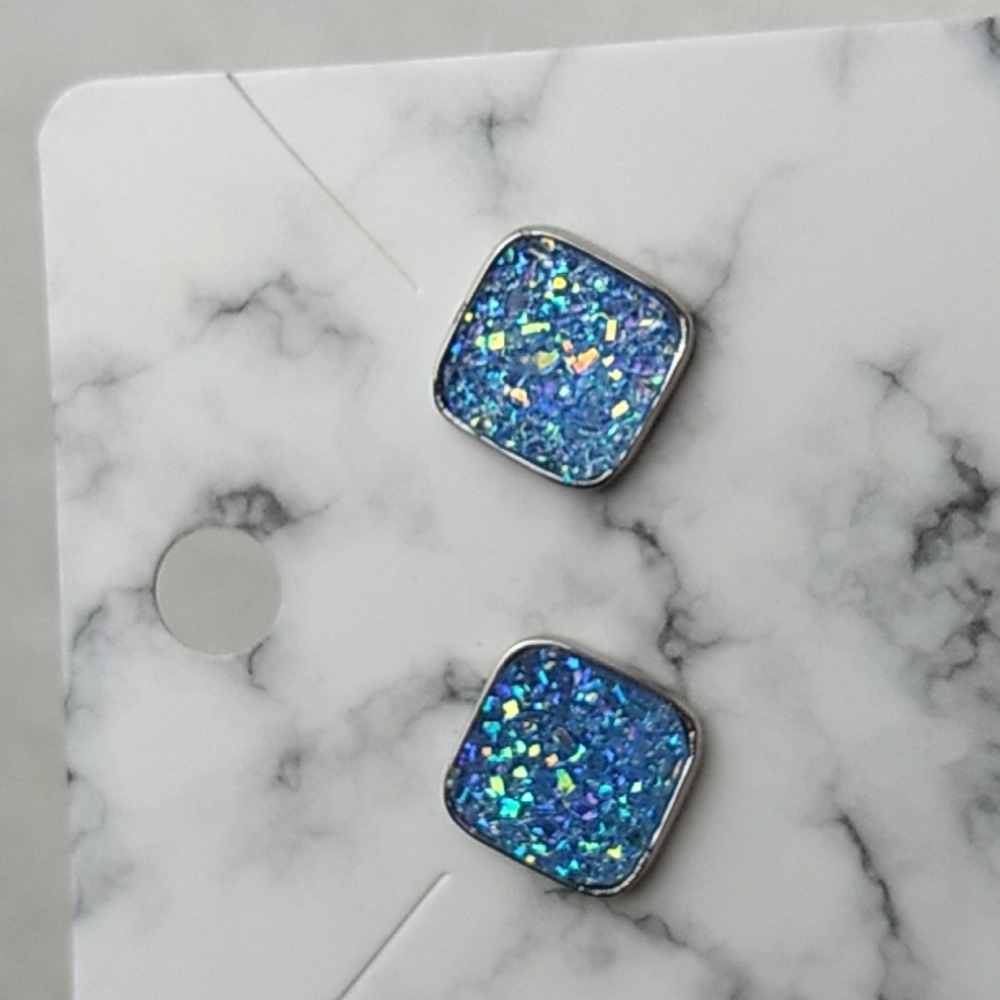 Stainless Steel Druzy Stud Earrings Square Shape Blue w Gold (12)